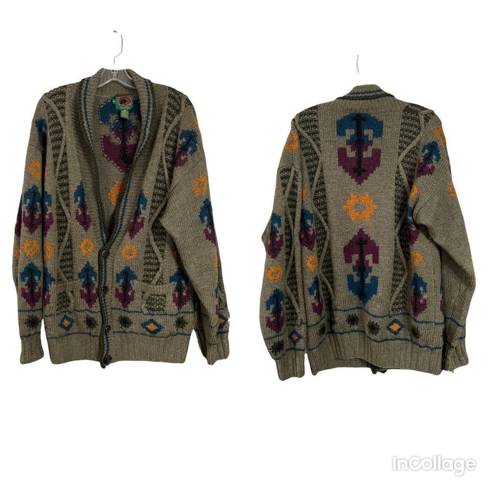 Vintage Boston Traders Hand knit Limited Ed Green Grandpa Cardigan Sweater Sz M